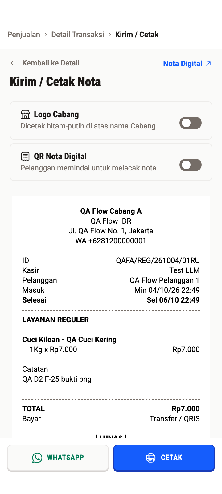 Nota digital pulito lengkap dengan ID pesanan dan tombol kirim WhatsApp