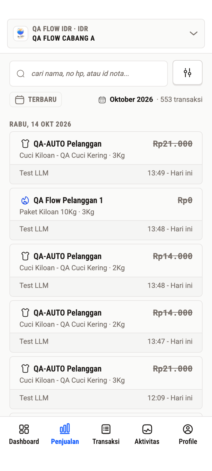 Daftar penjualan pulito: tiap order dengan harga terhitung dan status pembayaran